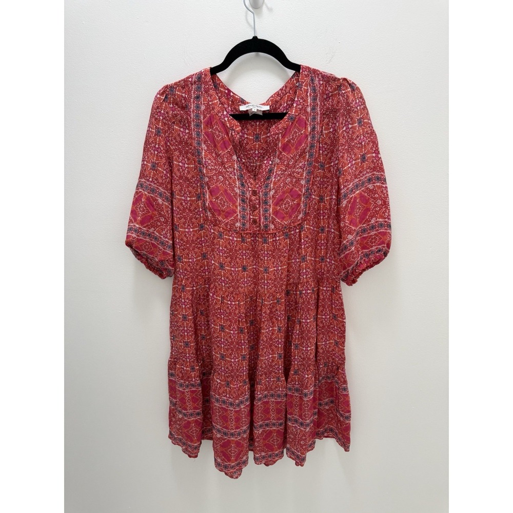 Gerard Darel Paris Viscose Boho Mini Dress Womens 2 Red Pink Print Tiered